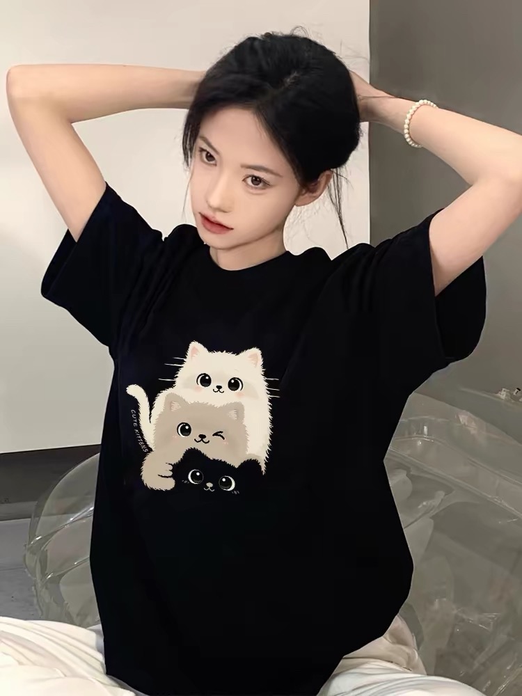 可愛小貓印花純棉圓領正肩短袖T恤