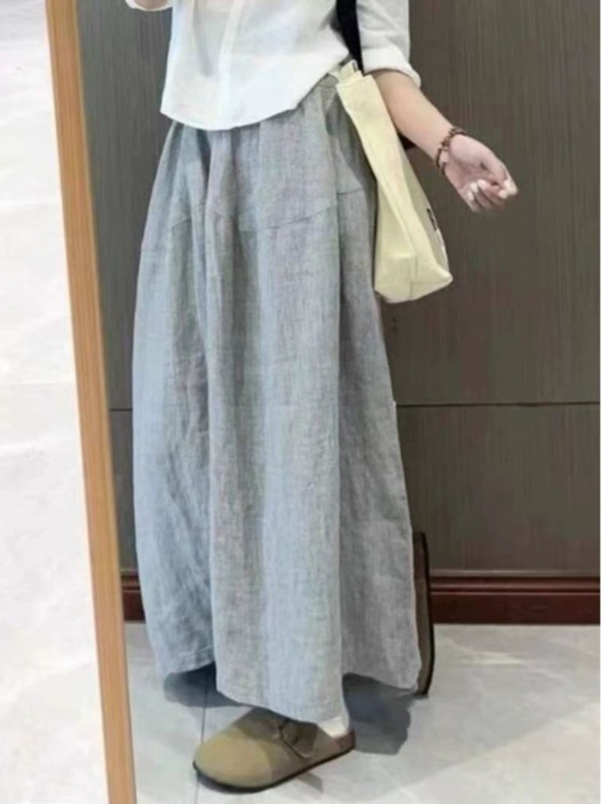 亞麻感高腰垂墜九分闊腿褲 休閒顯瘦寬鬆長褲