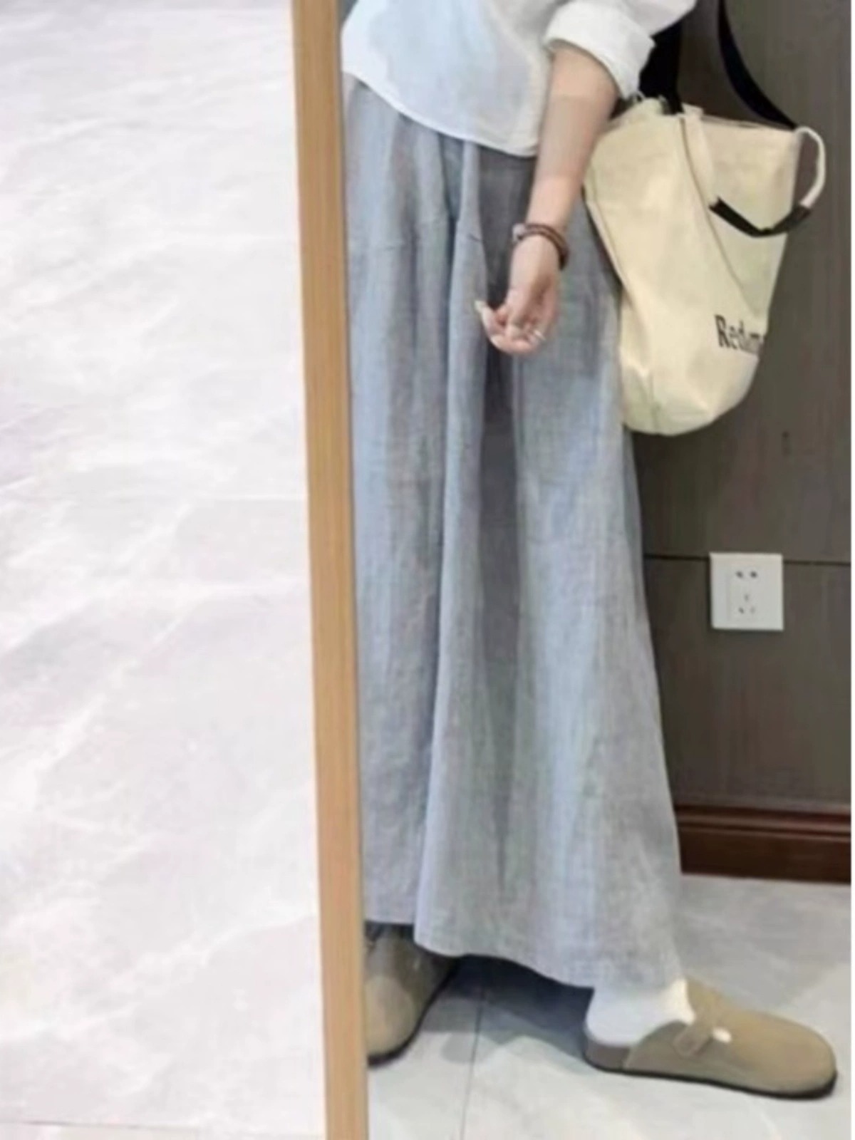 亞麻感高腰垂墜九分闊腿褲 休閒顯瘦寬鬆長褲