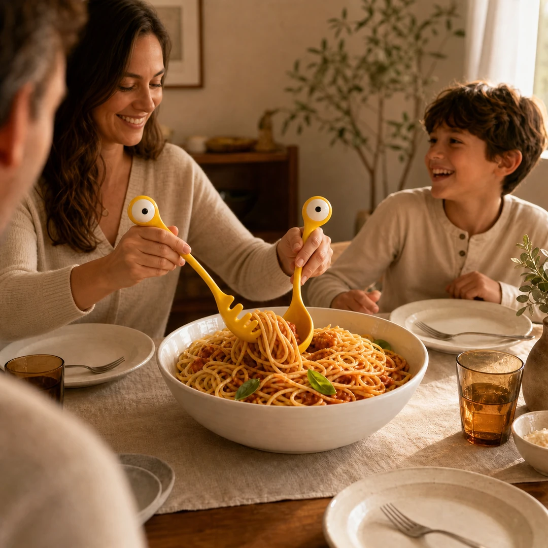 Family serving spaghetti with Big Eye Monster Pasta Spoons