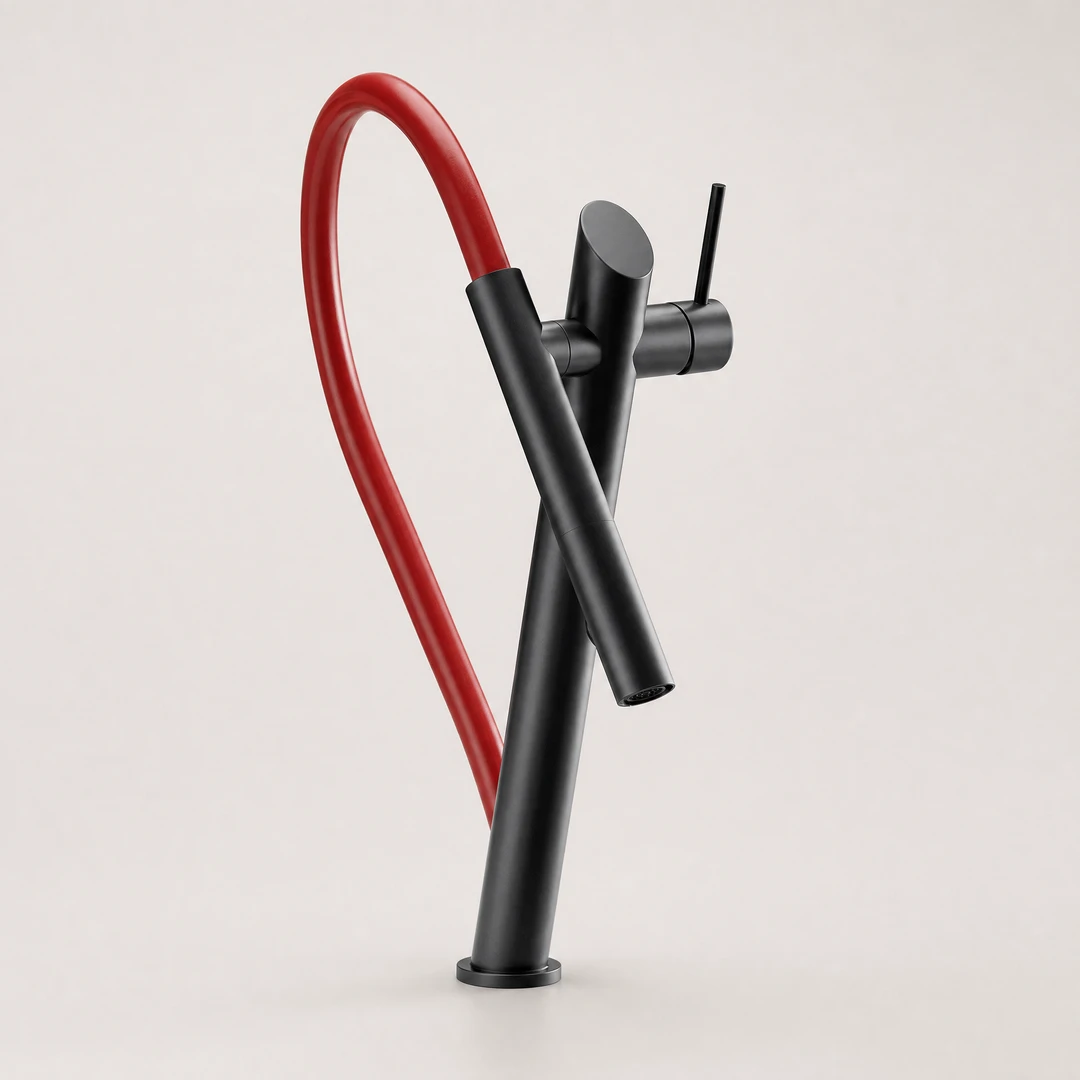 Brass Pull-Out Kitchen Faucet - Matte Black with Red Hose Studio Shot