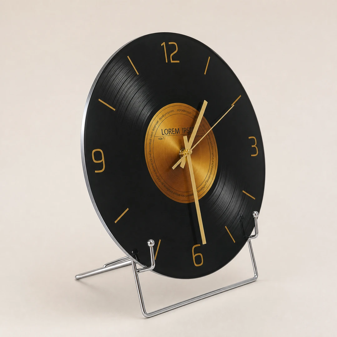Vinyl record clock 3/4 angle view showing glass thickness