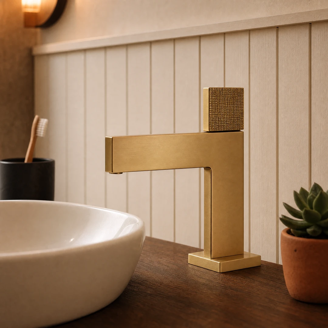 Brushed Gold Basin Faucet - Modern Powder Room Scene