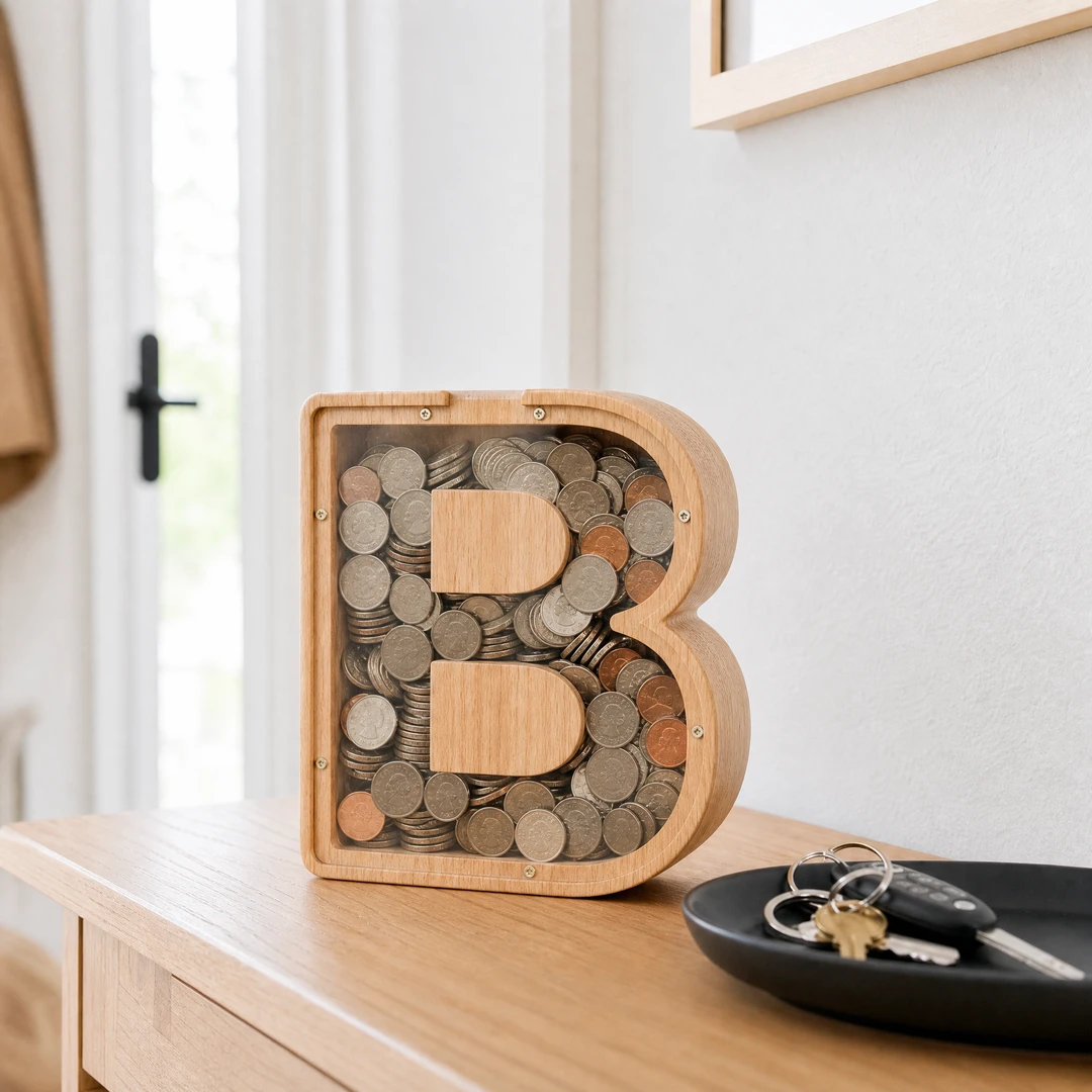 Wooden Letter Shaped Piggy Bank - Entryway Scene