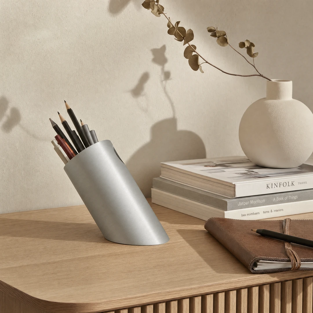 Aluminum Slant Pen Holder - Lifestyle on oak credenza