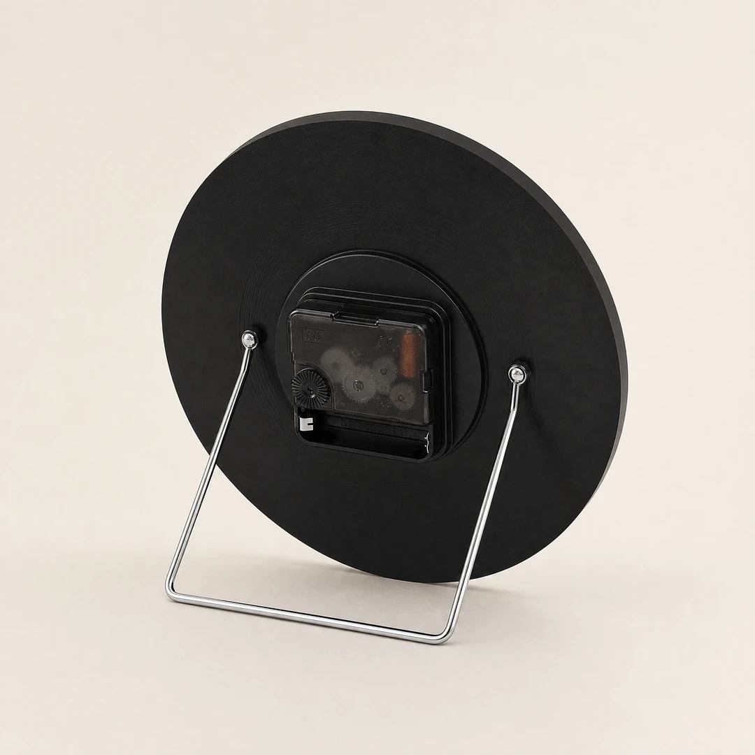 Retro vinyl desktop clock back view showing clock mechanism and stand