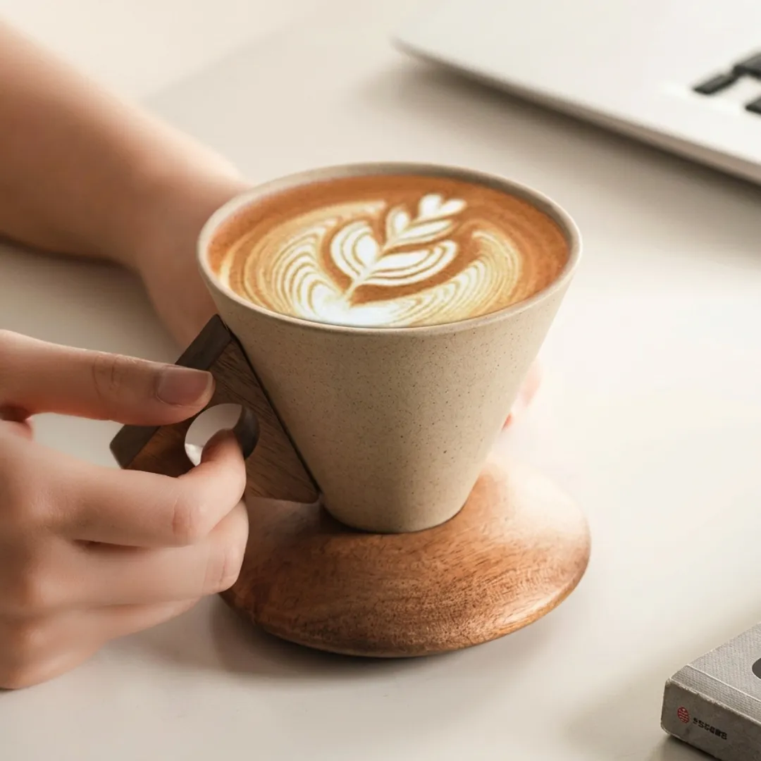 Cone Coffee Cups with Wood Base (Set of 2)