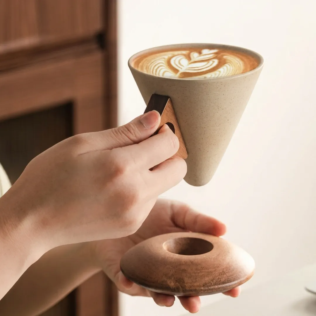 Cone Coffee Cups with Wood Base (Set of 2)