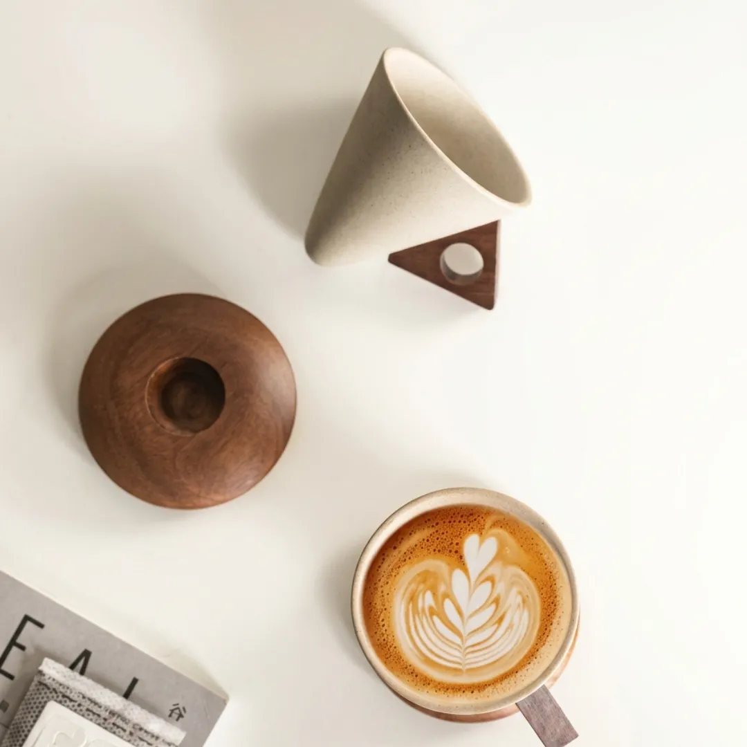 Cone Coffee Cups with Wood Base (Set of 2)