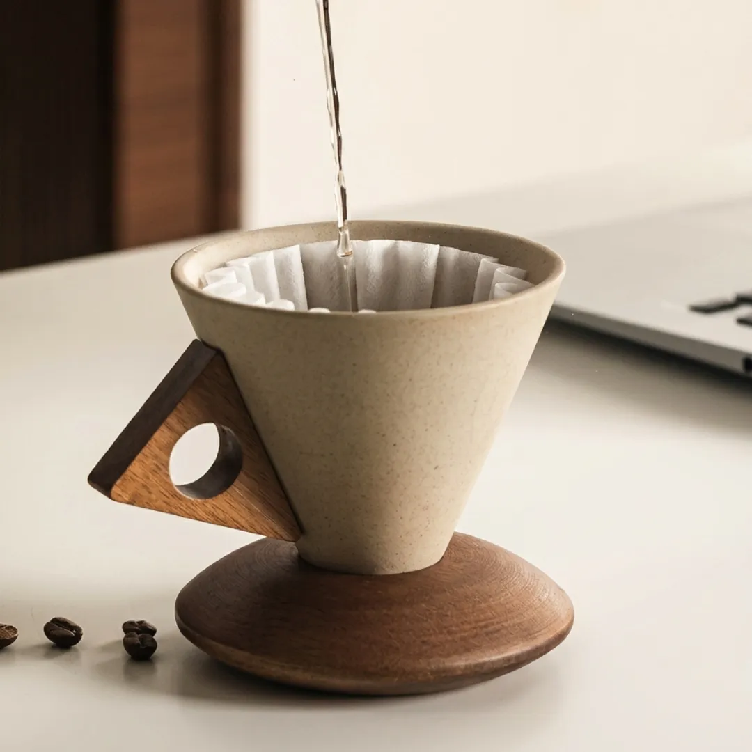 Cone Coffee Cups with Wood Base (Set of 2)