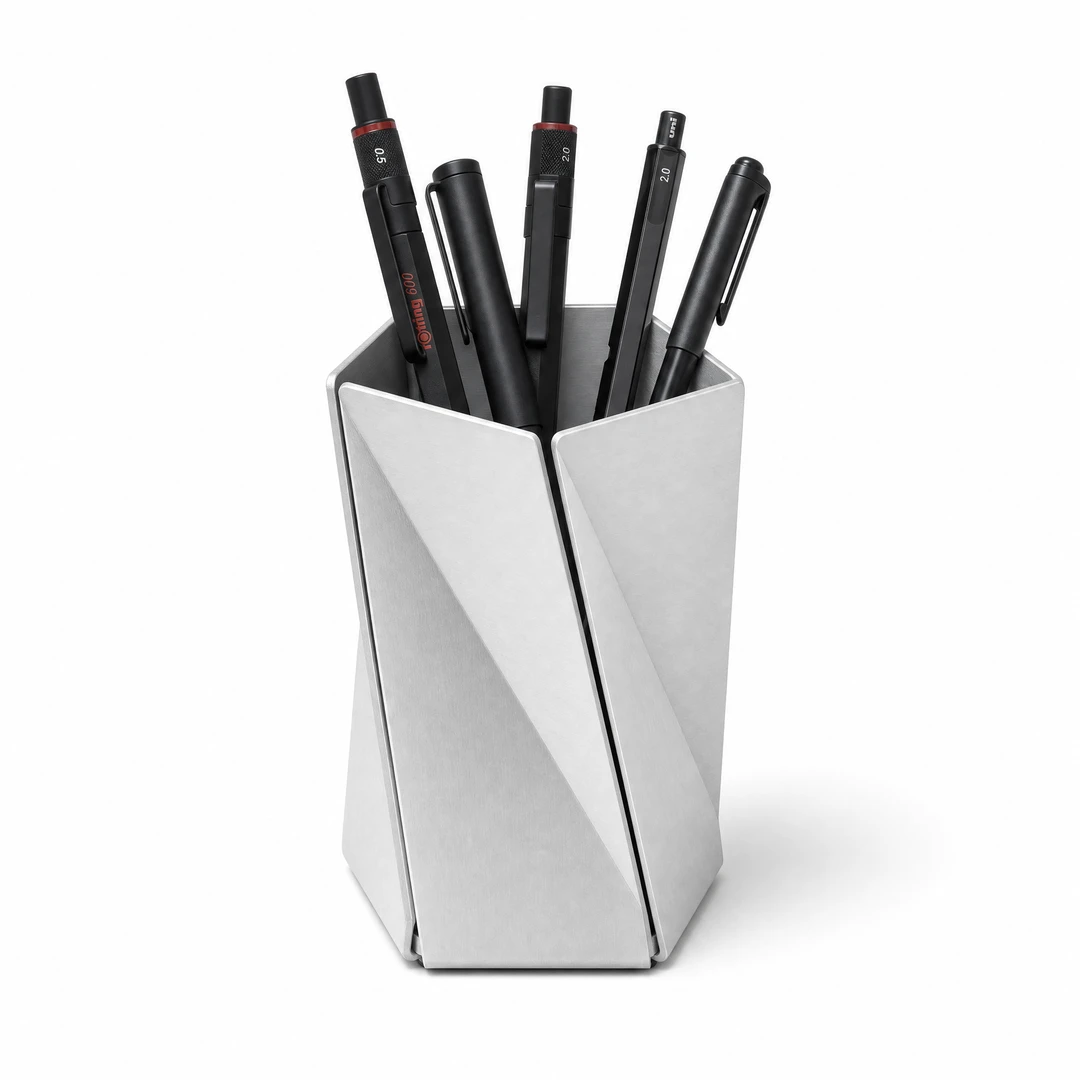 Aluminum Pentagon Pen Holder - Front View with Pens
