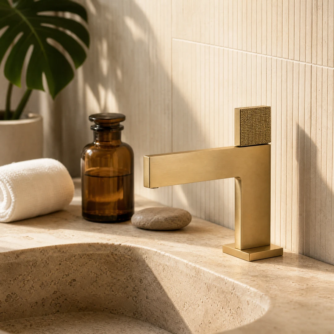 Brushed Gold Basin Faucet - Spa Bathroom Scene