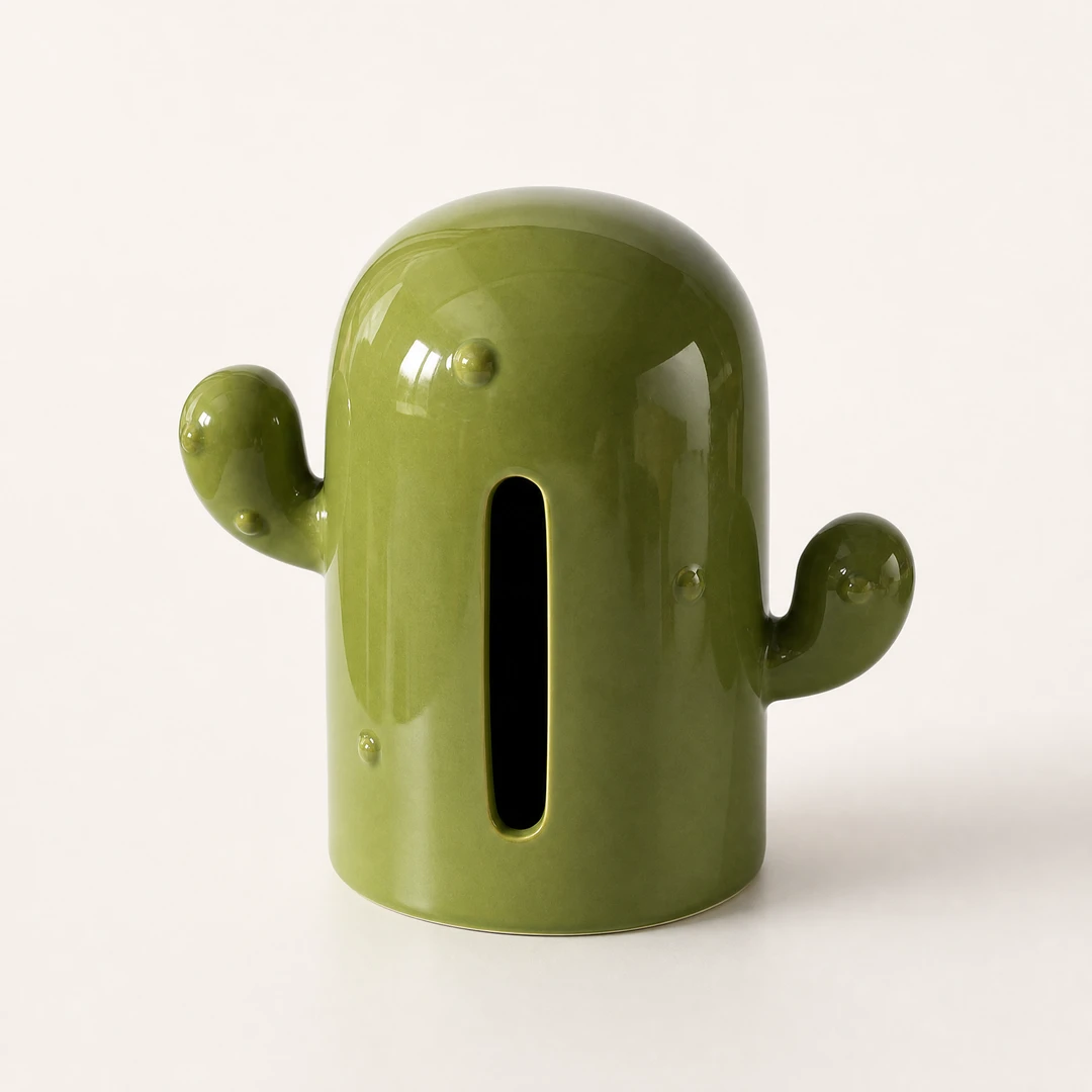 Cactus Ceramic Tissue Box – Angle View