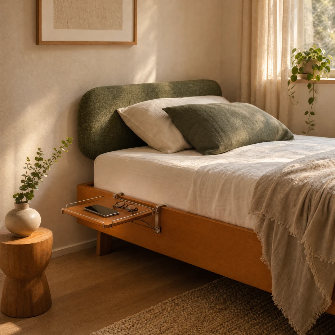 Honey Beech Folding Bedside Shelf - Afternoon bedroom with phone and glasses