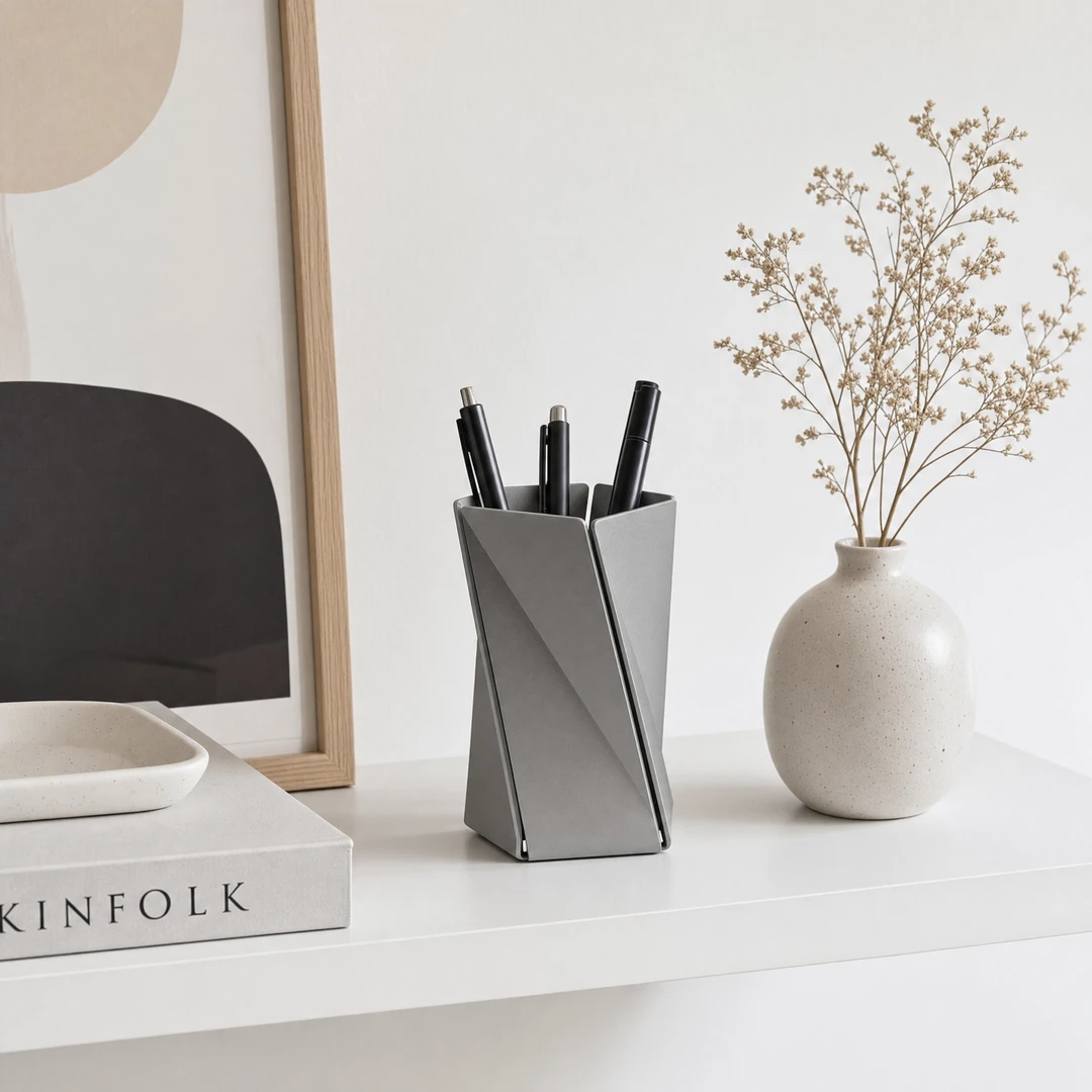 Aluminum Pentagon Pen Holder - Space Gray on Scandinavian Shelf
