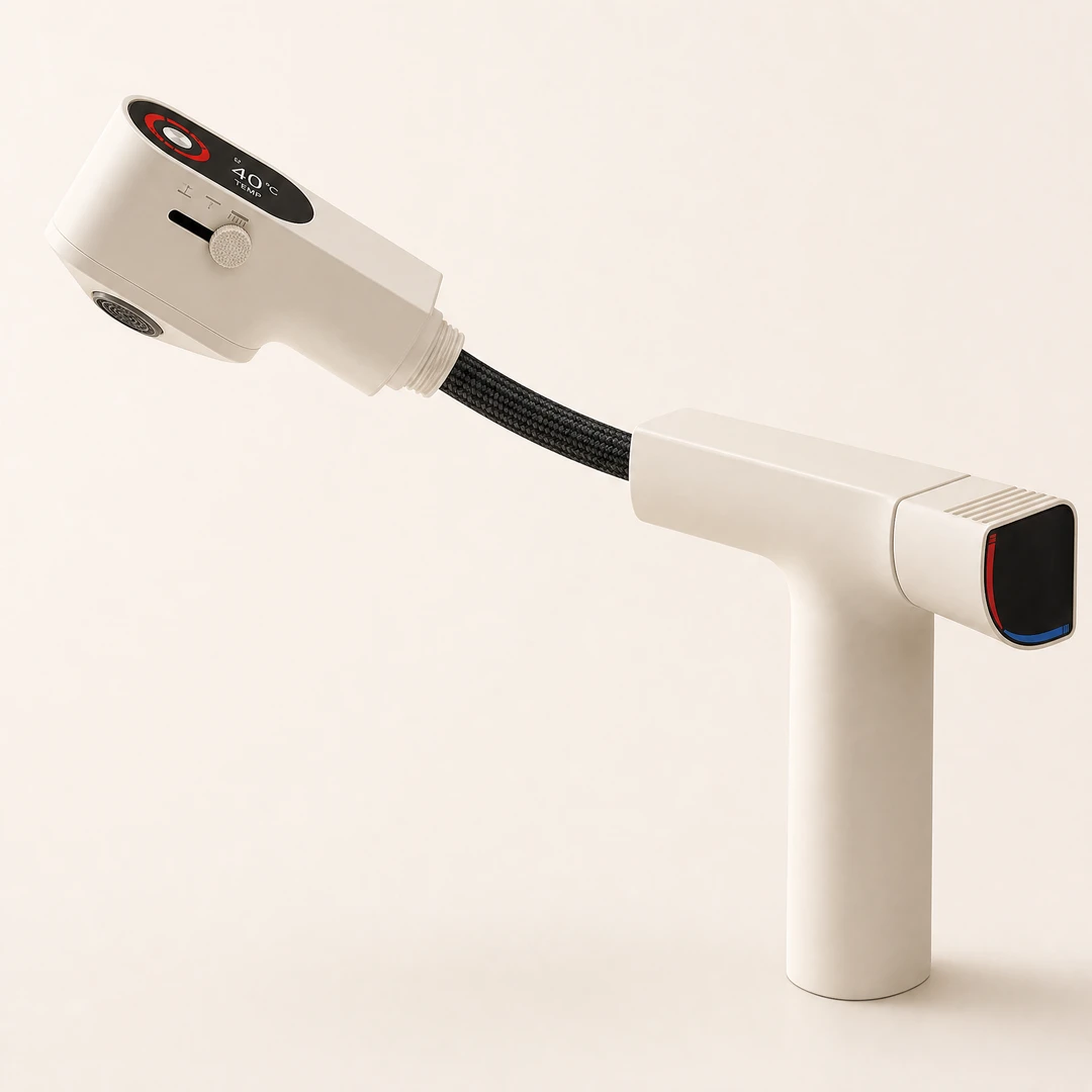Cream White Chlorine-Filter Basin Faucet pull-out sprayer extended