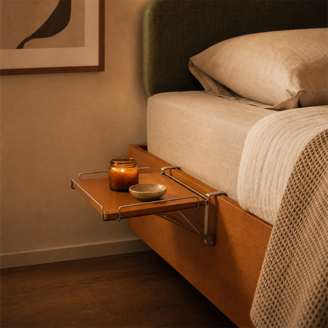Honey Beech Folding Bedside Shelf - Evening ambiance with candle