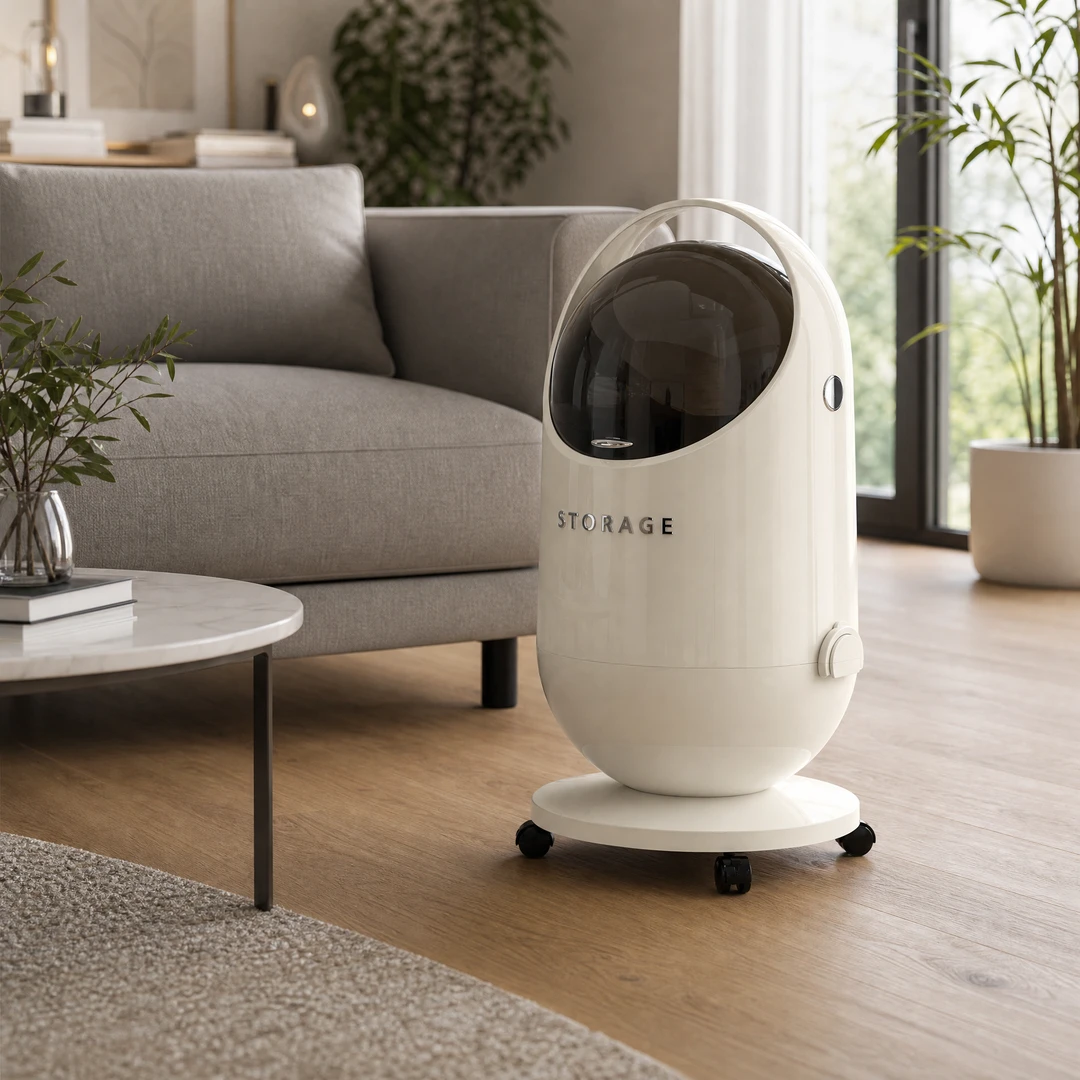 Round Wheeled Trash Can - Living Room Scene