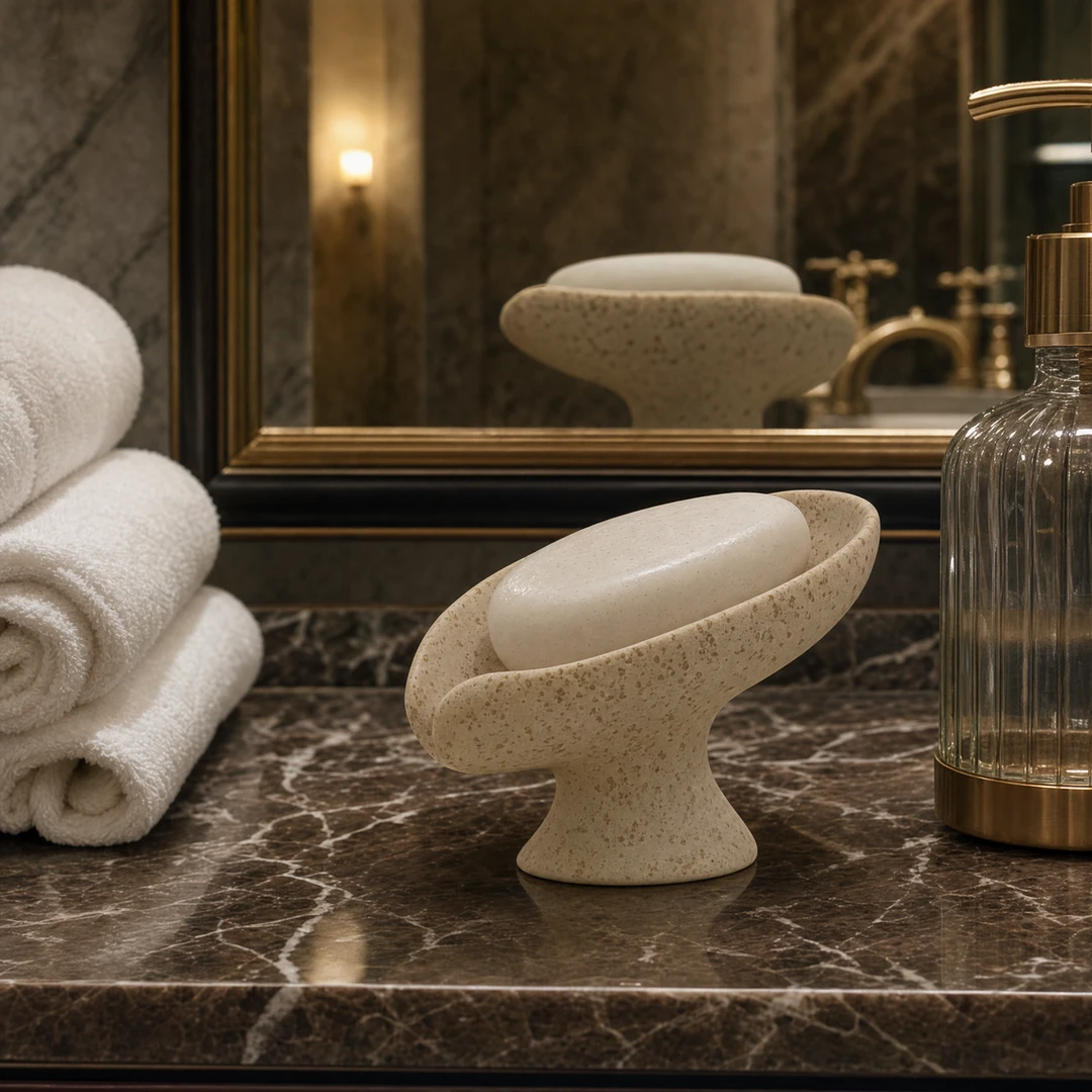 Travertine Lotus Soap Dish - Luxury hotel scene