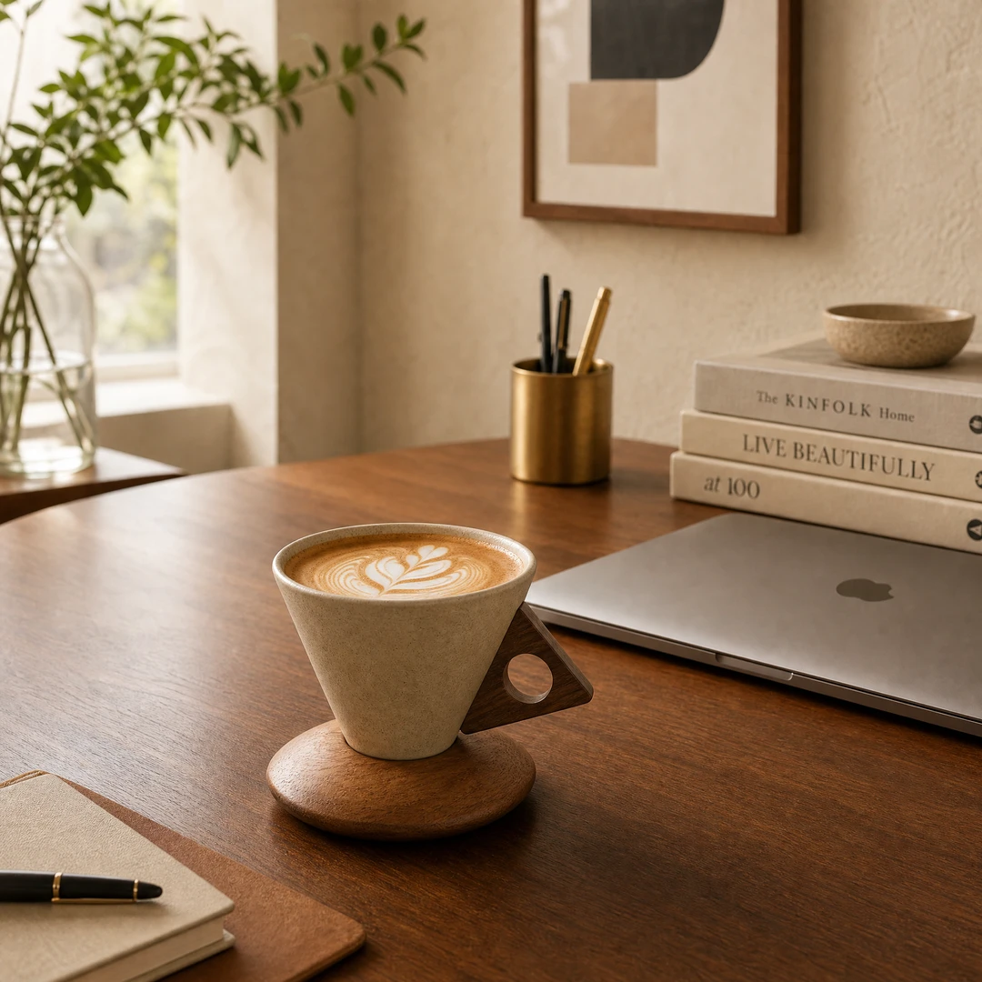 Cone Coffee Cups with Wood Base - Home Office Scene