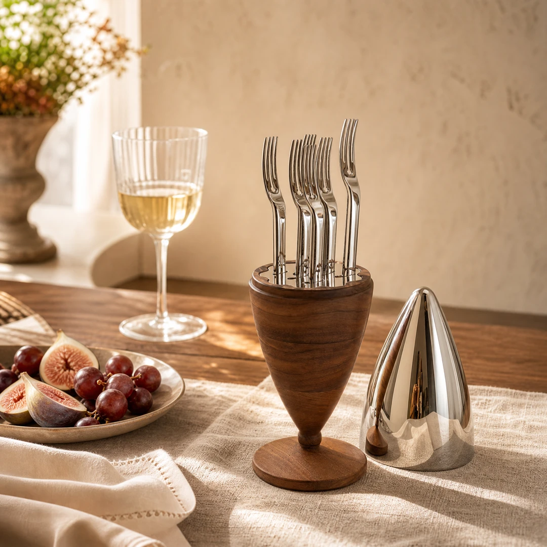 Stainless Fruit Forks with Walnut Stand - Dining Table Scene
