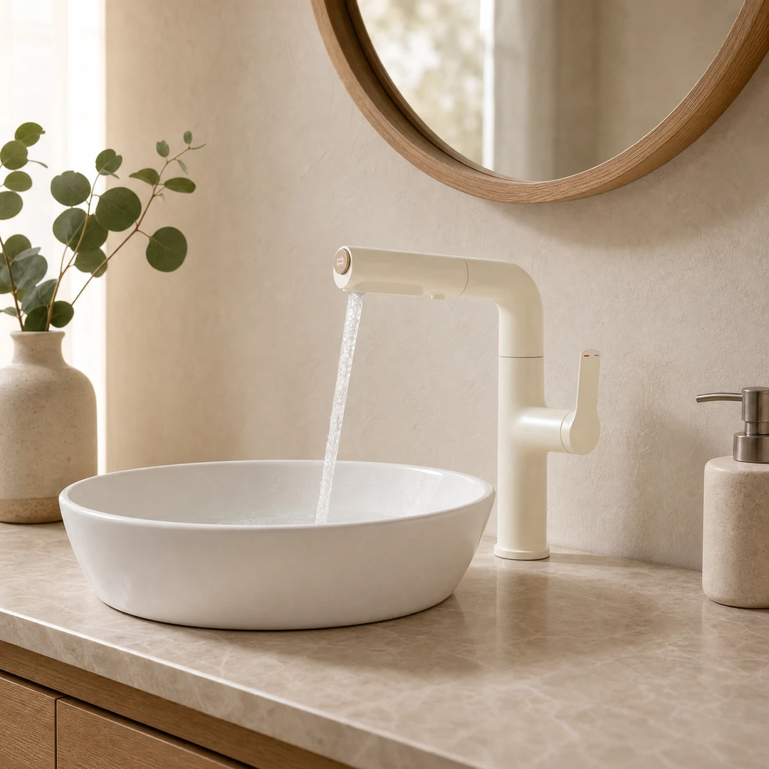 Pull-Out Rotating Basin Faucet - Cream White in warm modern bathroom