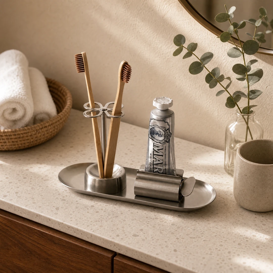 Stainless Steel Toothbrush Holder Set - Terrazzo Counter Scene