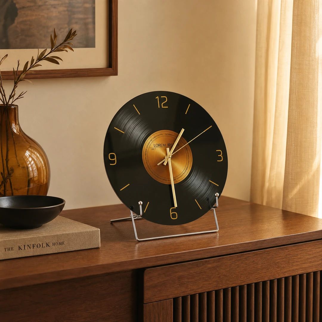 Vinyl record clock on walnut console table with amber glass vase and linen curtain