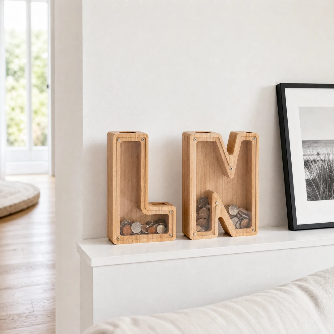 Wooden Letter Shaped Piggy Bank - Living Room Scene