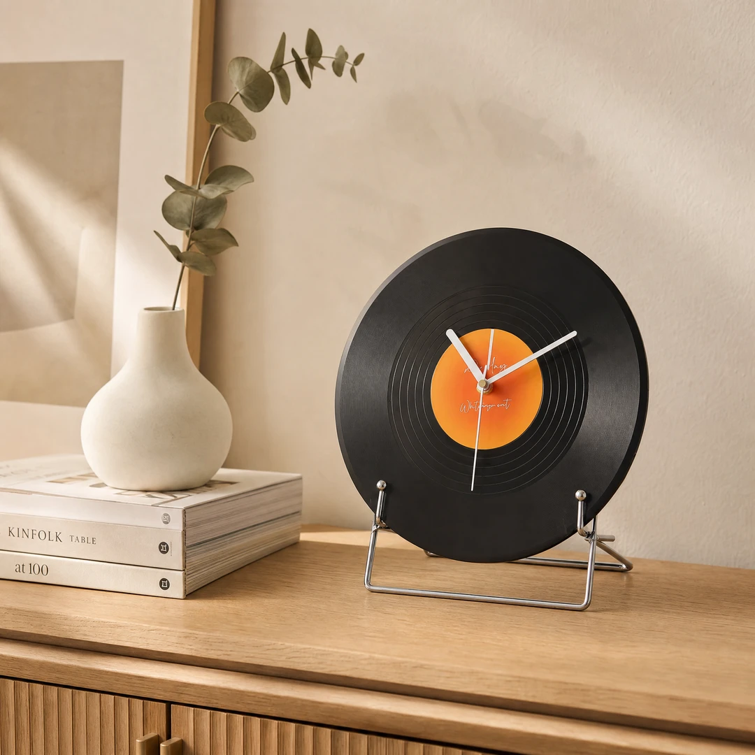 Retro vinyl desktop clock on light oak credenza with ceramic vase and books