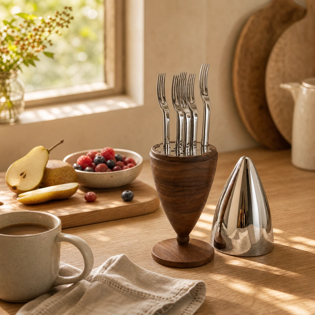 Stainless Fruit Forks with Walnut Stand - Kitchen Morning Scene