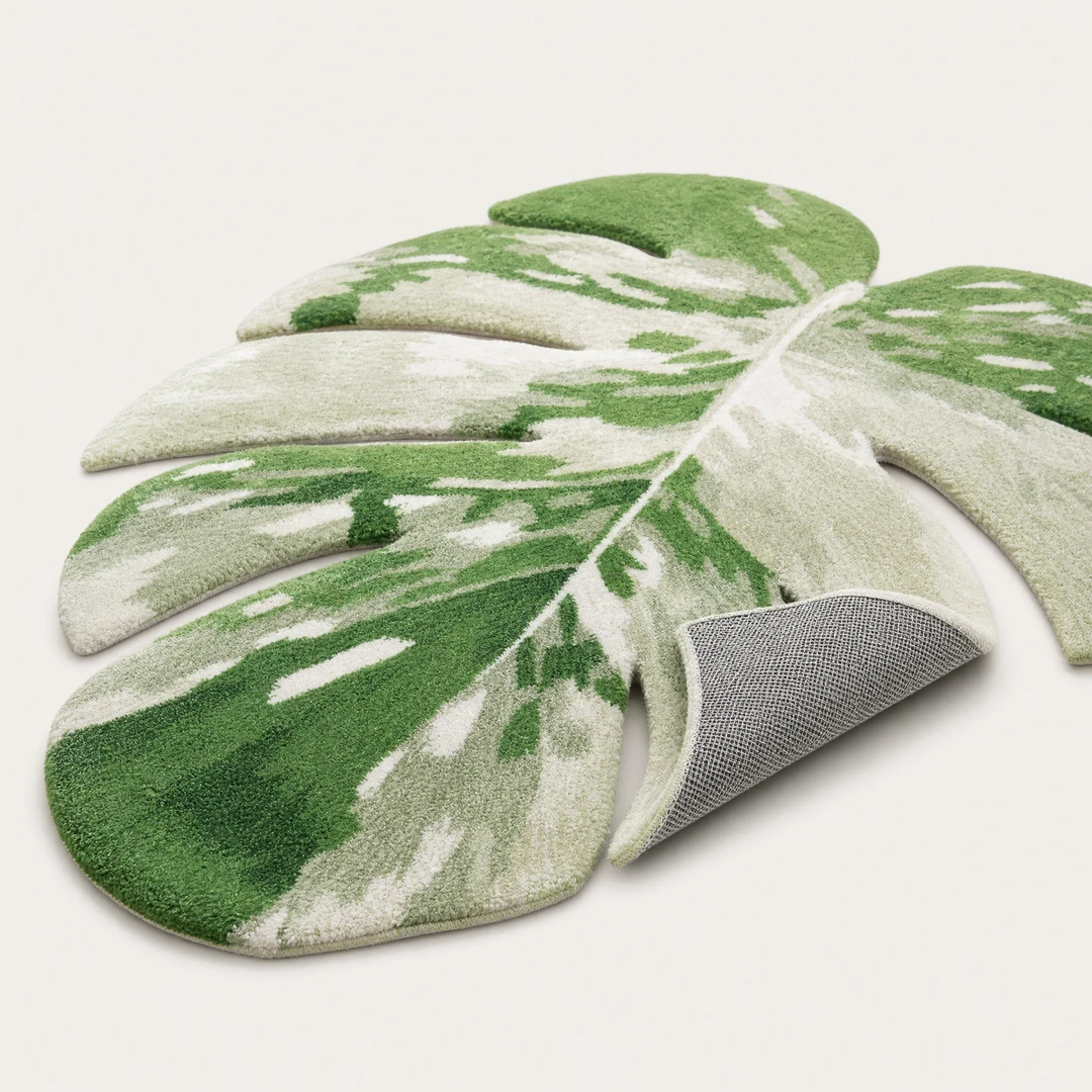 Hand-Tufted Monstera Leaf Rug - Angle View with Anti-Slip Backing