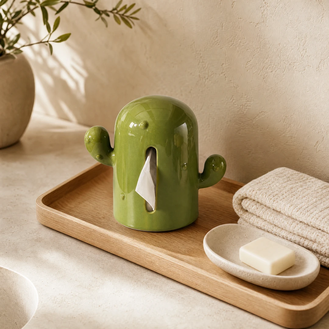 Cactus Ceramic Tissue Box – Bathroom Scene