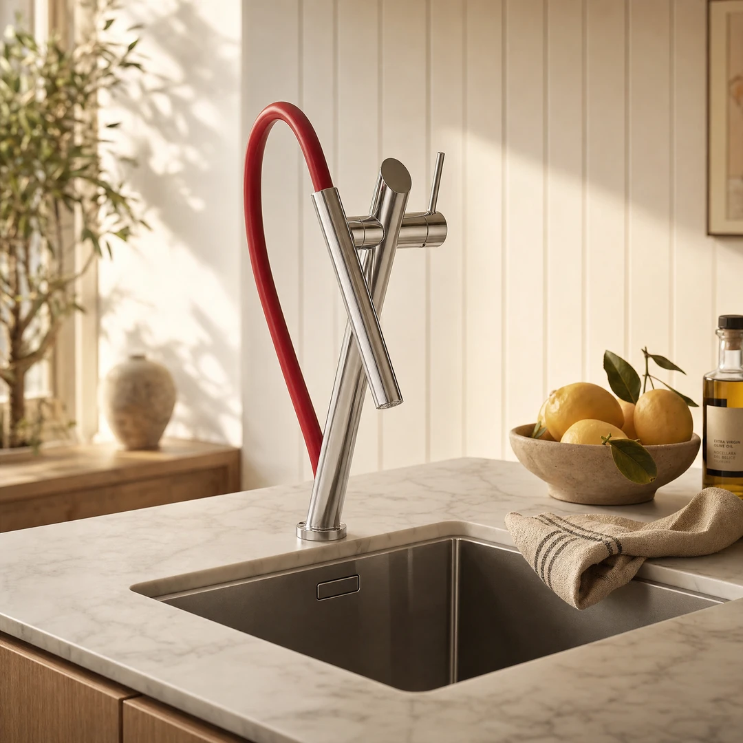 Brass Pull-Out Kitchen Faucet - Chrome with Red Hose in Warm Kitchen Scene