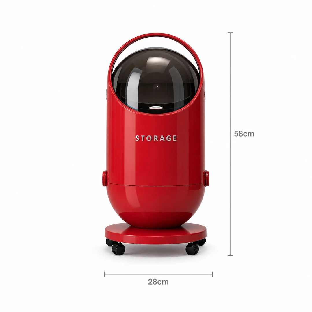 Round Wheeled Trash Can - Front View with Dimensions