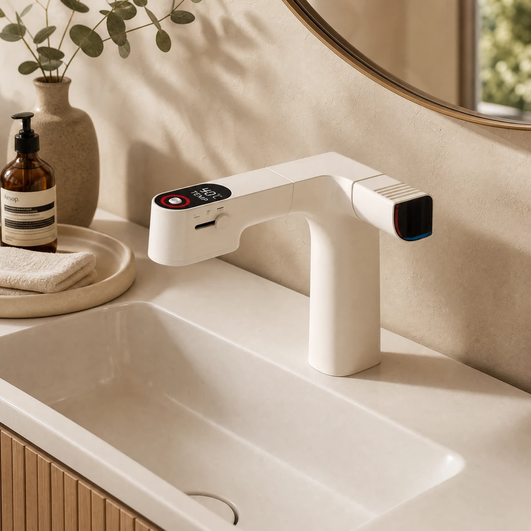 Cream White Chlorine-Filter Basin Faucet in warm modern bathroom