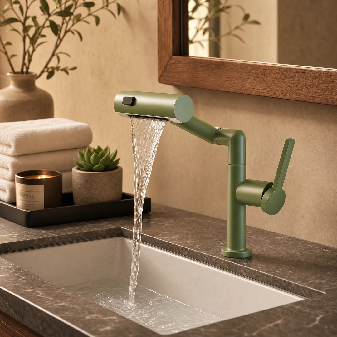 Zemor 1080° Swivel Brass Basin Faucet - Dark marble countertop waterfall mode