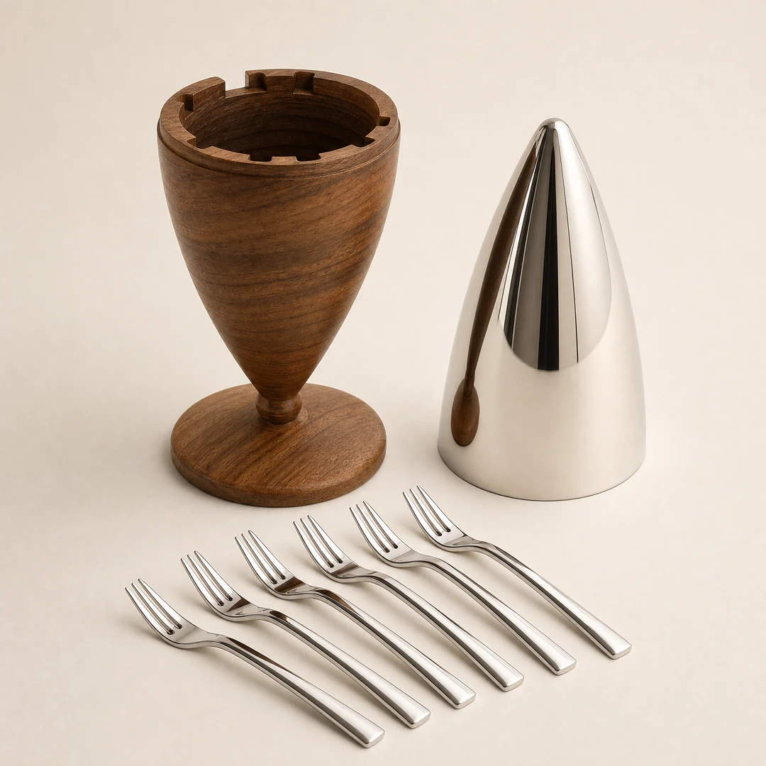 Stainless Fruit Forks with Walnut Stand - Components