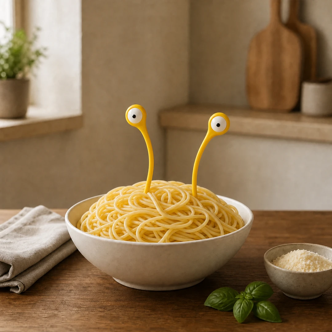 Big Eye Monster Pasta Spoon set standing in a bowl of spaghetti
