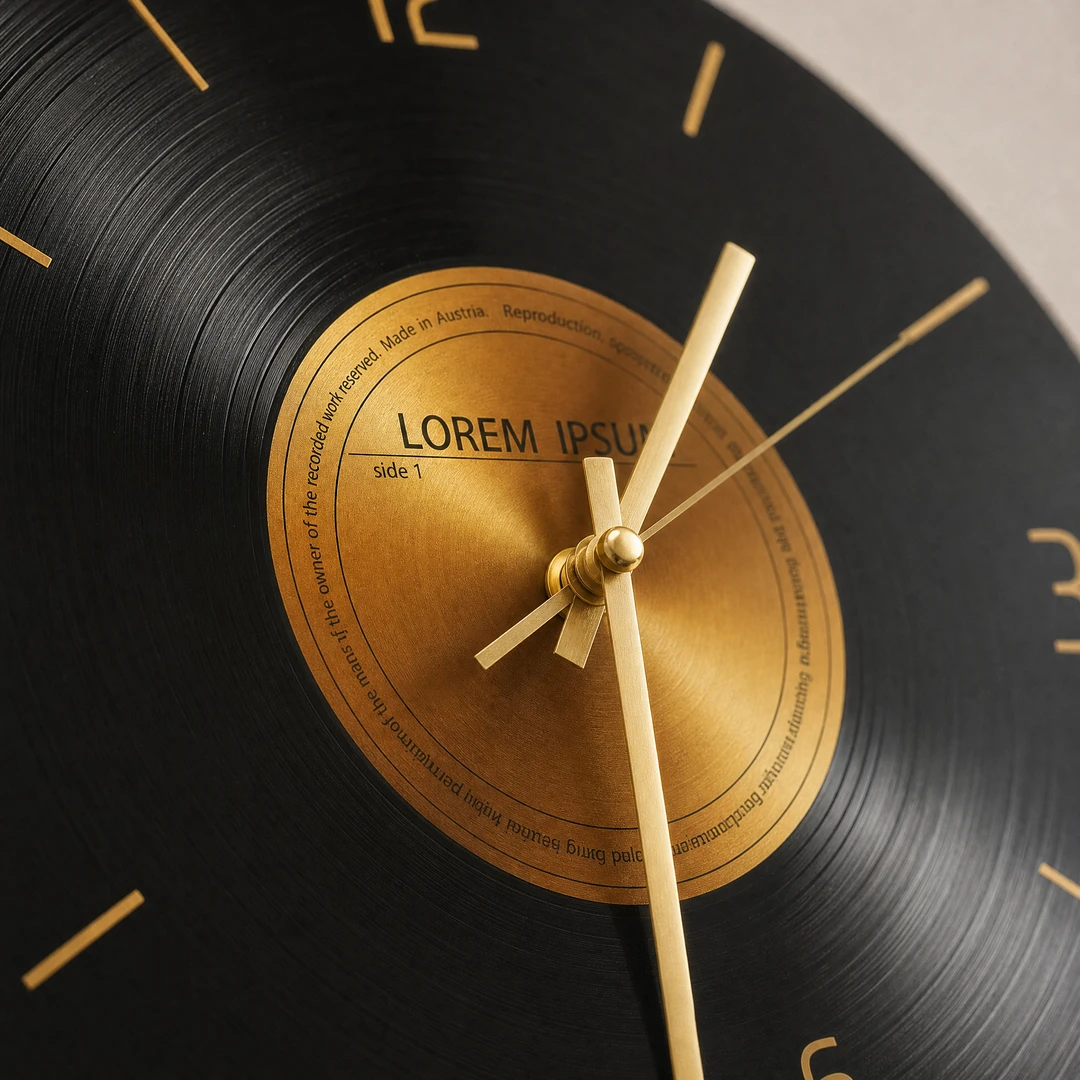 Close-up detail of gold center label and clock hands