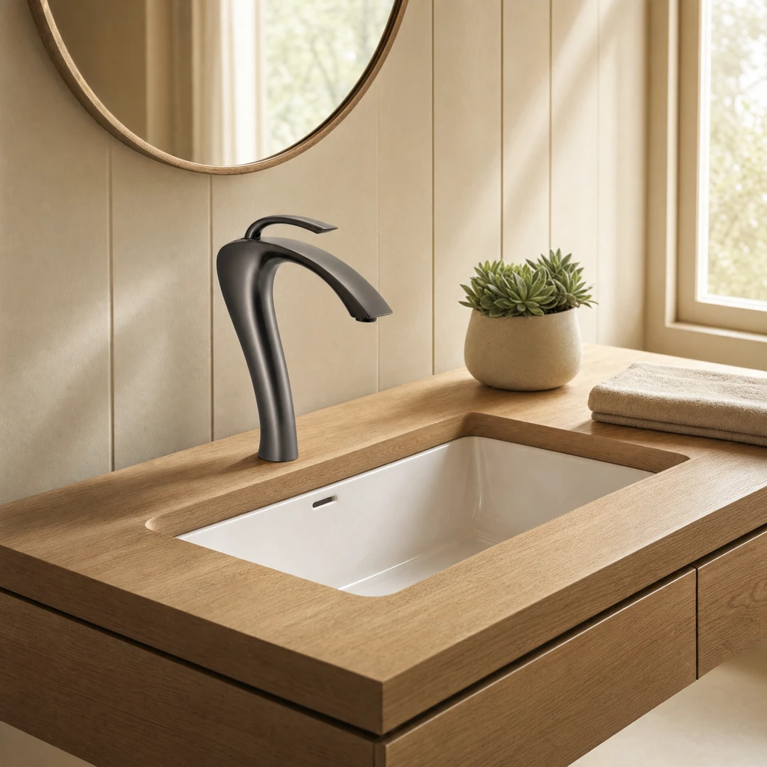 Brass Basin Faucet - Oak vanity with undermount basin