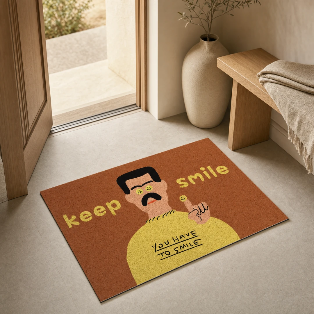 Smiley Face Non-Slip Doormat used inside a bright entryway