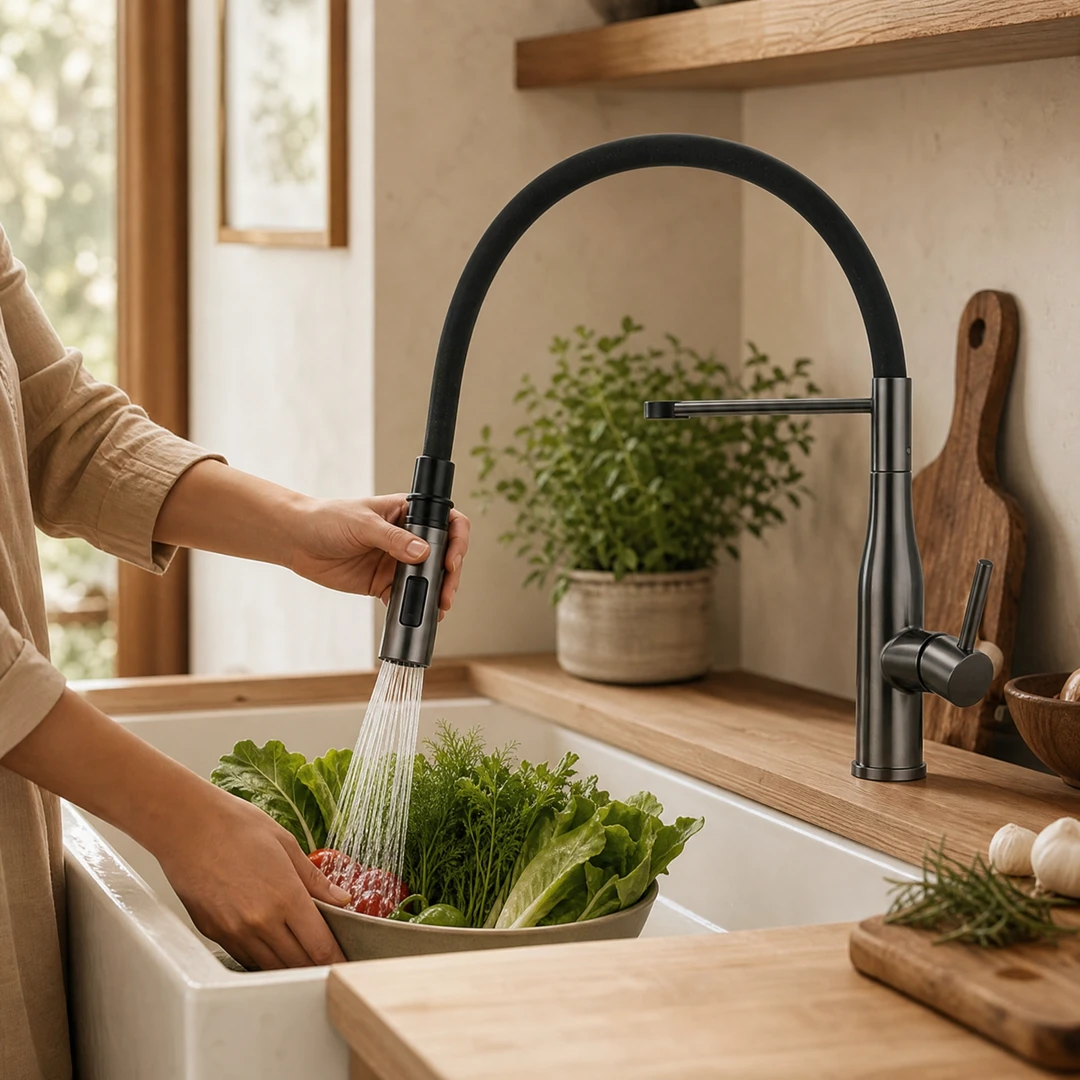 Magnetic Italian Kitchen Faucet — Pull-Out Spray in Use