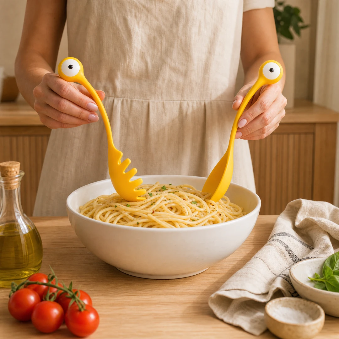 Hands tossing spaghetti with Big Eye Monster Pasta Spoons