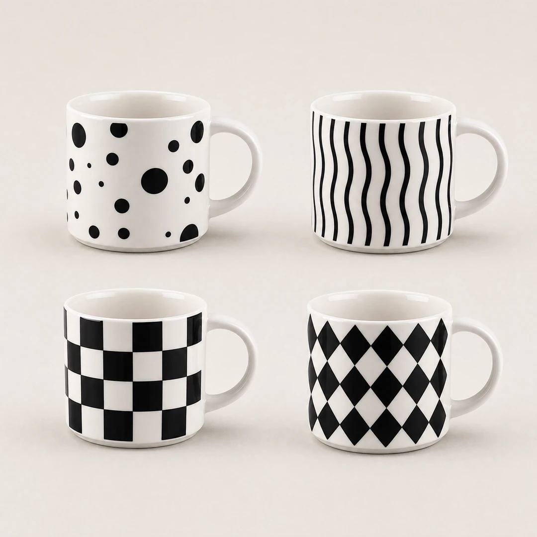 Black and White Ceramic Mug Set - All Four Patterns