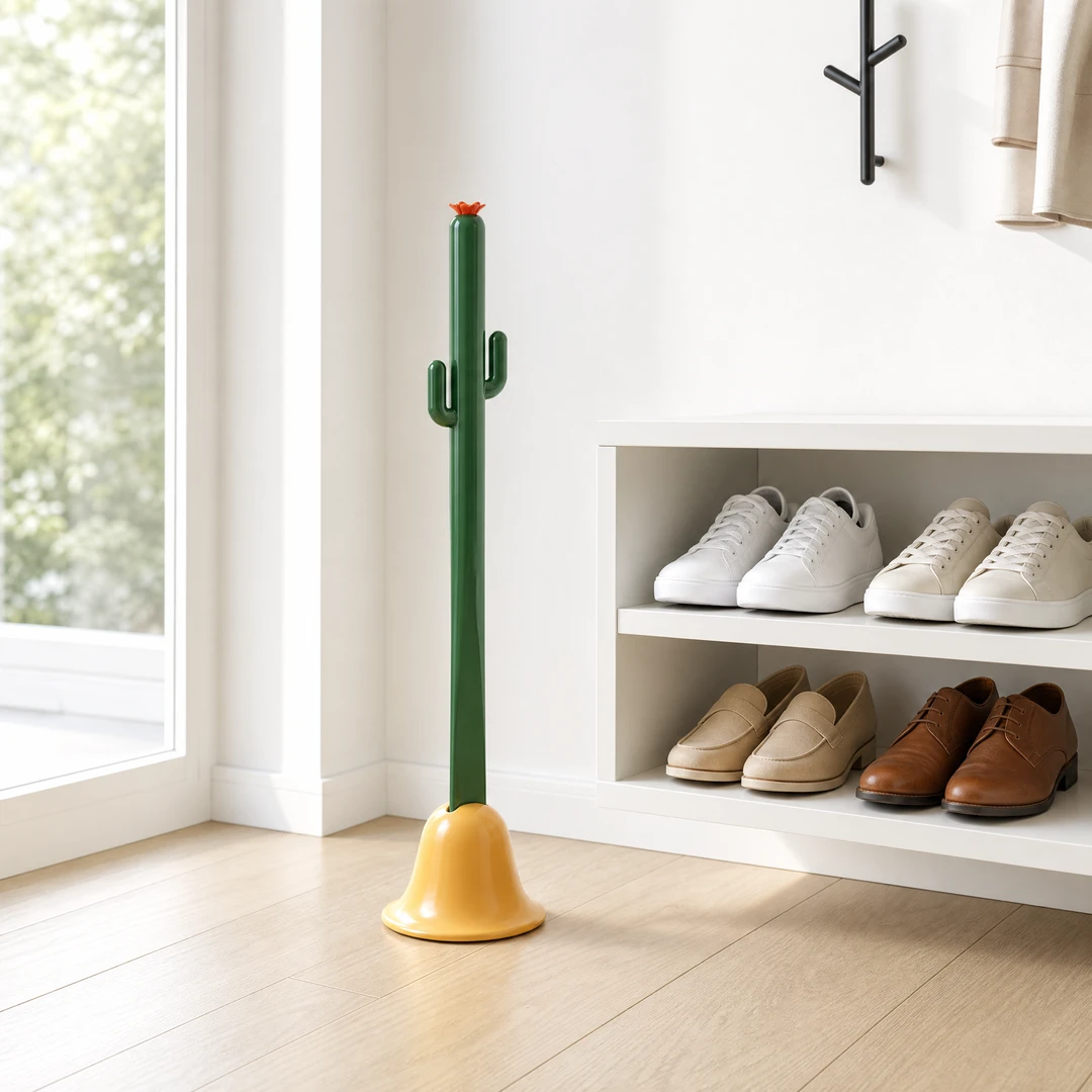 Cactus Shoe Horn next to white shoe shelf with coat hook