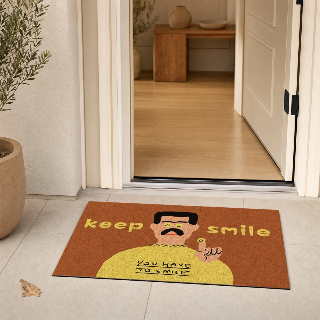 Smiley Face Non-Slip Doormat at an outdoor entry threshold