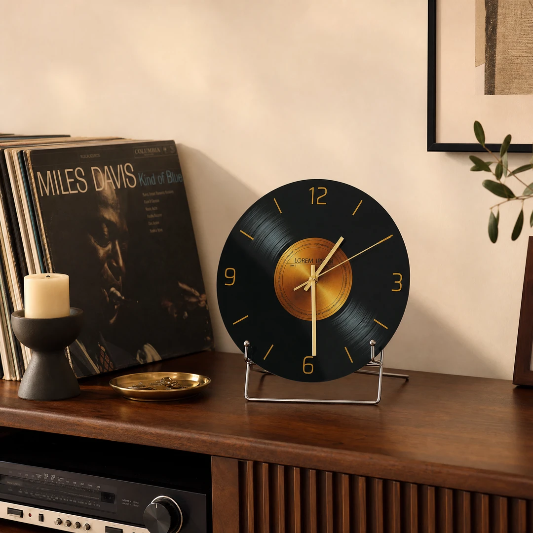 Vinyl record clock on walnut media credenza beside vinyl records and candle holder