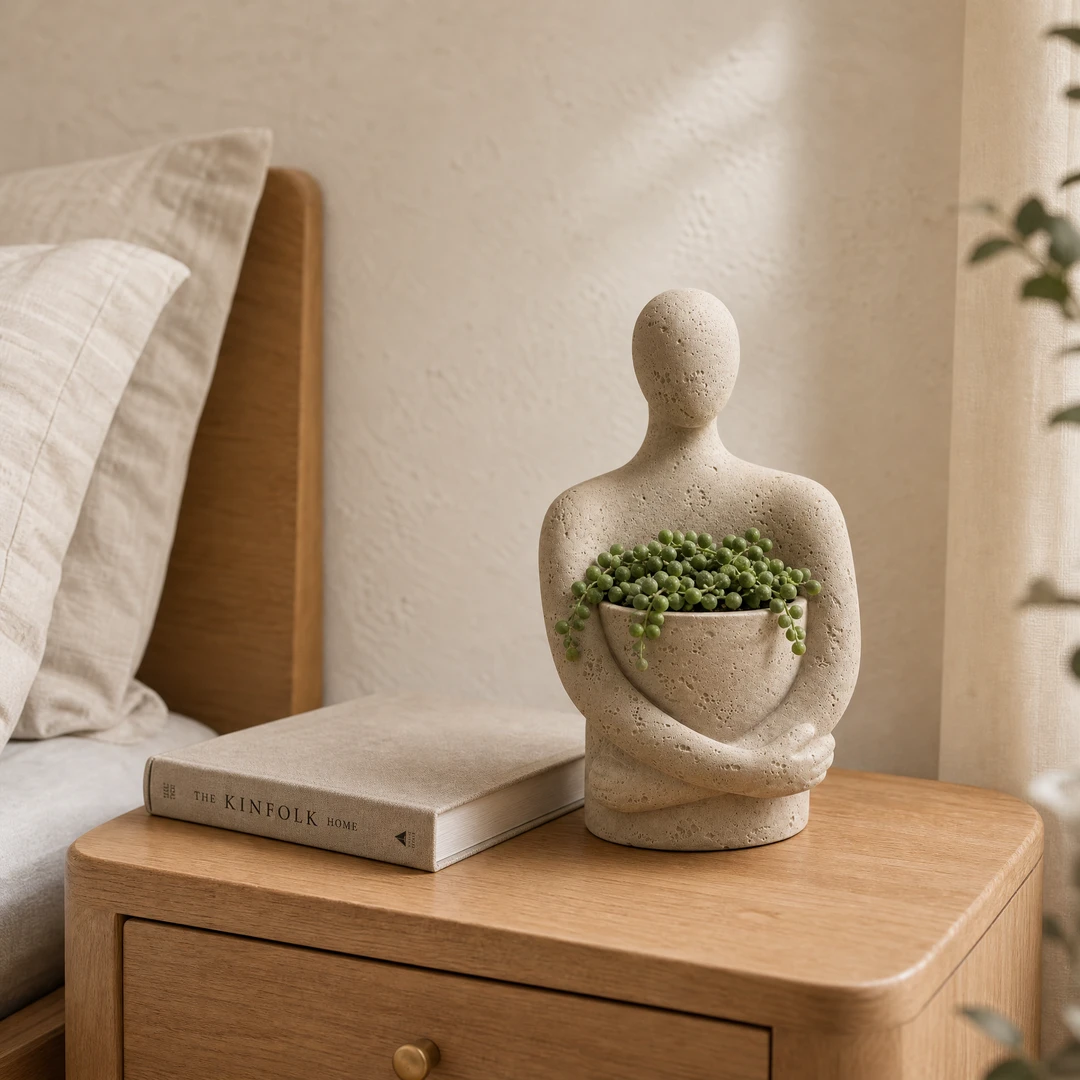 Wabi-Sabi Figure Planter on bedroom nightstand with string of pearls - lifestyle scene