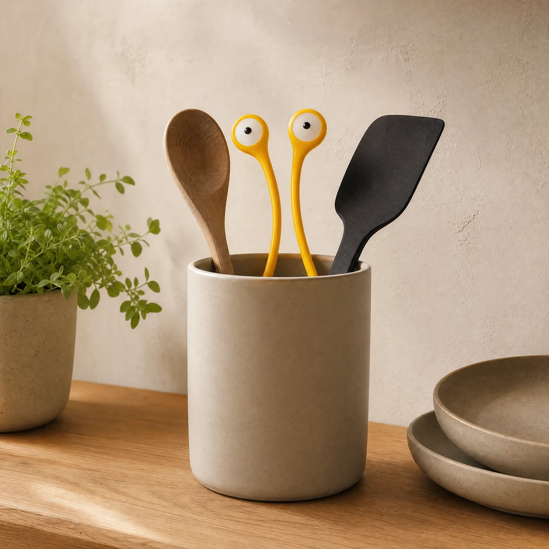 Big Eye Monster Pasta Spoons peeking from a kitchen utensil crock